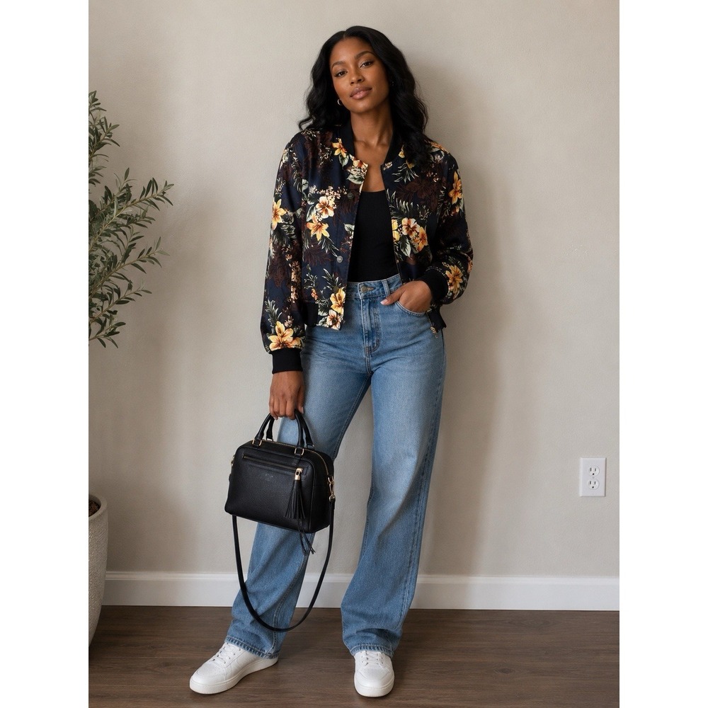 Sanctuary Floral Bomber Jacket Snap Closure Black Yellow Women's M Long Sleeve